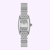 The Michele Watches Special Edition Coquette Diamond Stainless Steel MWW08B000285 by Michele Watches is displayed from the back, highlighting its linked bracelet band and a small crown with a red accent on the right side. This luxury timepiece is centered on a light purple background.