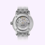 Back view of the Mido Watches Baroncelli Signature Gent M0374071104100, featuring a silver case that displays the exposed mechanical movement marked “MIDO Caliber 80,” along with engravings indicating water resistance, sapphire crystal, and model number—a testament to Swiss automatic watchmaking by Mido Watches.