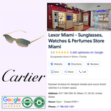 Featuring the coveted Cartier Sunglasses CT0678S-002 99, a striking modern promotional layout captures the essence of luxury eyewear. Details of Lexor Miami’s boutique—including address, operating hours, customer ratings, Google reviews, and certification seals—are tastefully presented to highlight the sophistication and exclusivity synonymous with Cartier Sunglasses.