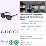 Collage featuring Gucci Sunglasses GG1732SK-001 55 (UPC: 889652502090), the Gucci logo, and a Google listing for Lexor Miami—a luxury fashion boutique known for sunglasses, watches, and perfumes—with a 5-star review, store contact details, and an interior photo. The showcase emphasizes contemporary eyewear from Gucci Sunglasses in an elegant retail environment.
