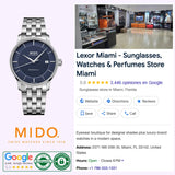 A Mido Watches Baroncelli Signature Gent M0374071104100, crafted in silver and featuring the renowned Swiss automatic movement with MIDO Caliber 80, is displayed on the left; below it appears the MIDO logo. On the right, a Google listing for Lexor Miami - Sunglasses, Watches & Perfumes Store Miami presents a store photo, contact details, and customer ratings.