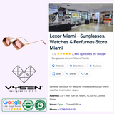 Storefront of Lexor Miami featuring a display of Vysen Sunglasses, with modern decor and counters; inset shows rose gold Vysen Jaxs J-6 Unisex Sunglasses, handcrafted in Italy. Includes the Vysen Sunglasses logo, contact information, ratings, and location details in both English and Spanish.