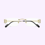 Cartier CT0344O 003 Men Optical Frames featuring rimless rectangular lenses, gold-tone metal hinges, and black temple tips.