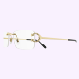 Cartier CT0344O 003 Men Optical Frame featuring rimless lenses, gold metal temples, and a prominent gold C-shaped hinge detail.