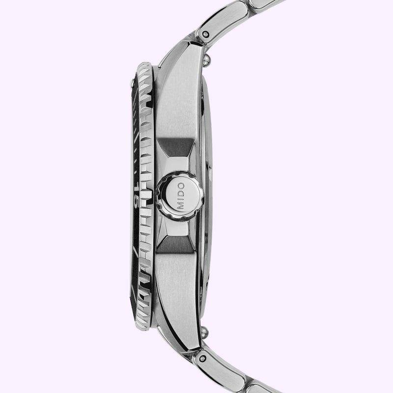 Side view of the Mido Ocean Star 200 stainless steel case, textured bezel, and MIDO-engraved crown