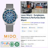 The Mido M0268071104101 OCEAN STAR TRIBUTE watch by Mido Watches is showcased in striking blue, featuring the iconic automatic diving design. The listing includes the official Mido logo and highlights a Google search result for Lexor Miami, a sunglasses and perfumes store, complete with the store’s address, contact information, customer reviews, and an interior photo. Authenticity and Google review badges are also displayed.