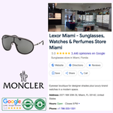 Sunglasses, including Moncler ML0222 01A 00 Unisex Metal Sunglasses from Moncler Sunglasses, and a Google listing for Lexor Miami—a luxury eyewear store with 5-star reviews—featuring unisex metal sunglasses and Moncler sunglasses, along with location details and business hours, all presented against a white background.