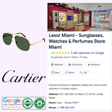 Collage showing Cartier Sunglasses, including the Cartier CT0353S-002 62 men's metal sunglasses featuring the iconic Panthère head detail, a store interior, the Cartier logo, and a Google business listing for Lexor Miami with ratings, address, opening hours, and contact details.