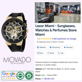 A Movado Watches BOLD Fusion Chronograph 3601307 in gold, the interior of a store, and a Google business profile for Lexor Miami are displayed, showcasing contact details, operating hours, and a 5-star rating based on 3,446 reviews. The featured men’s chronograph watch from Movado Watches includes Swiss quartz movement. Logos for Google Reviews and Authentic are also visible.