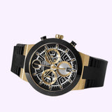 The Movado Watches BOLD Fusion Chronograph 3601307 by Movado Watches is a black and gold men’s chronograph watch with a black strap, featuring Swiss quartz movement, multiple subdials, and date indicators, displayed on a light background.