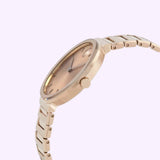 The Movado 3601089 BOLD Horizon women's watch by Movado Watches in rose gold features a metal link band and minimalist face with two hands and simple markers, shown angled on a plain light background.