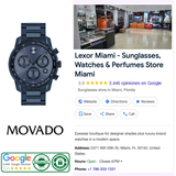 Storefront of Lexor Miami with sunglasses, MOVADO BOLD Verso 3600868 WATCHES by Movado Watches image (UPC: 885997446396), Movado logo, Google reviews badge, plus address, hours, and phone number on the right.