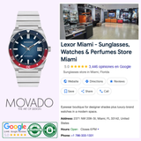 Image features a MOVADO WATCHES Heritage Ondoplan 3650242 Men by Movado Watches with a Swiss automatic movement, the Lexor Miami store’s Google listing with reviews, a photo of the store interior, and contact information. The store in Miami, FL sells sunglasses, perfumes, and luxury watches—including automatic models like the Heritage Ondoplan. The MOVADO logo and Google review badges are also displayed in the image.