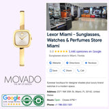 A Movado Watches Museum Bangle 0608058, a Swiss-made women’s watch, is displayed beside a Google listing for Lexor Miami—a retailer offering sunglasses, watches, and perfumes—showing the store interior, contact details, and review ratings.