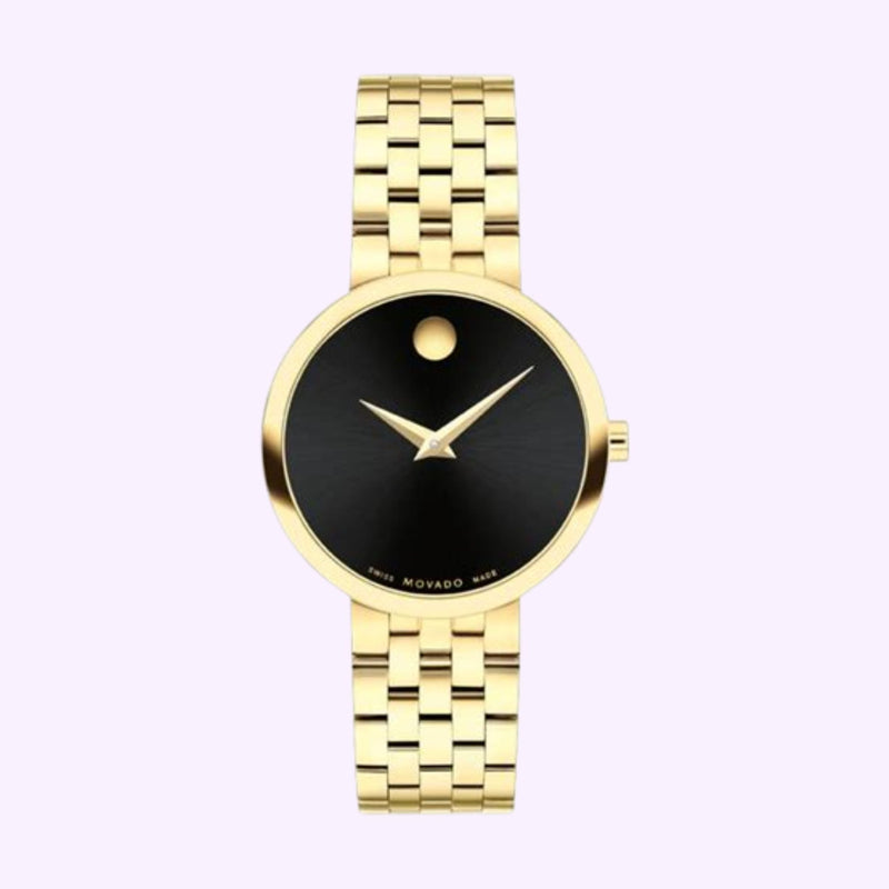 Movado Museum Classic 0607847 gold-tone women's watch with black dial and signature gold dot at 12 o'clock