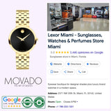 On the left, the Movado Watches 0607847 Museum Classic gleams in gold; on the right, a store photo displays Lexor Miami’s information: 5-star Google rating, address, phone number, business hours, and several trust and review badges. Showcased is the refined Swiss design of the Movado Watches Museum Classic gold-tone women’s watch.