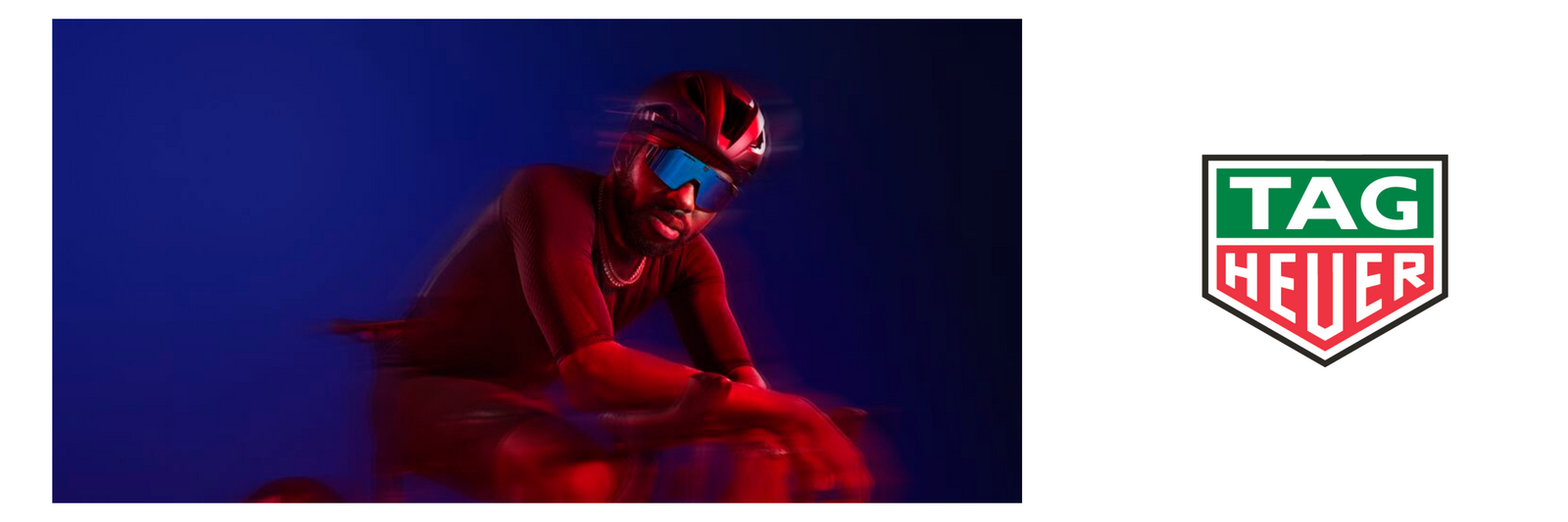 A cyclist wearing a helmet and sunglasses rides against a blue and red blurred background. To the right, the TAG Heuer logo is displayed on a white background.