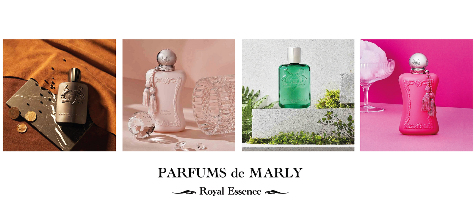Four elegant Parfums de Marly perfume bottles in silver, pale pink, green, and bright pink, each styled with luxurious props, with PARFUMS de MARLY Royal Essence written below.