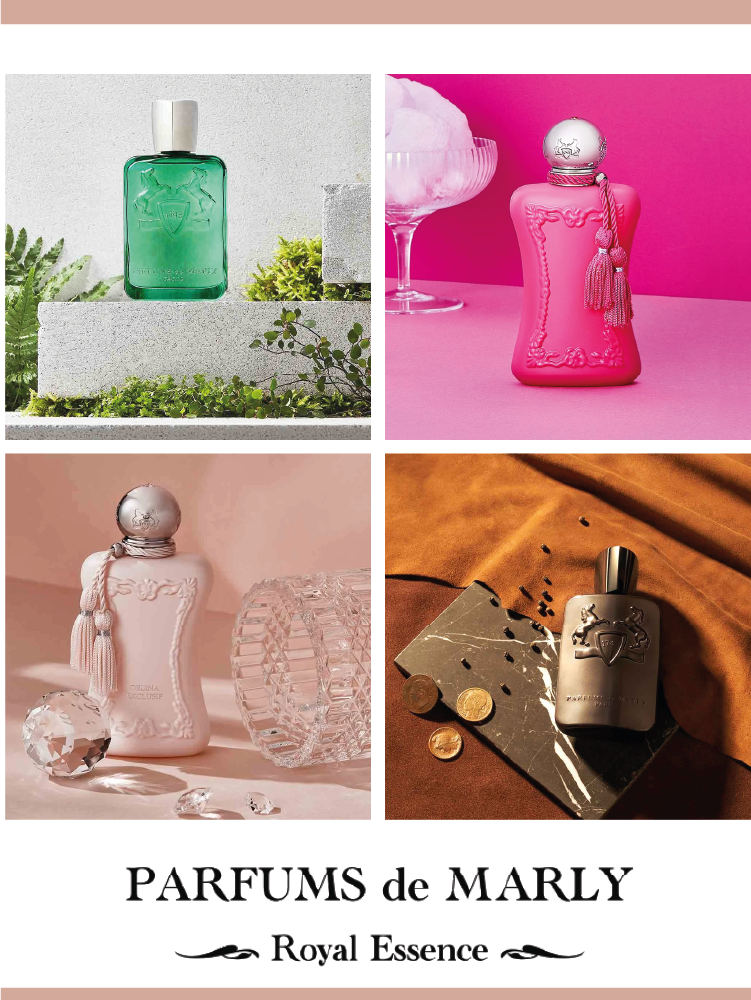 Four elegant perfume bottles from PARFUMS de MARLYs Royal Essence collection are displayed, each in a distinct color and setting: green, pink, beige, and gray, with decorative backgrounds and props.