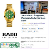 Gold-tone Rado Watches DiaStar Original R12161313 watch with a green patterned face and link bracelet, displayed next to a Google Maps store listing for Lexor Miami.