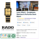 A gold and black rectangular Rado Watches Integral Limited Edition R20254702 watch with a link bracelet displayed next to a business listing for Lexor Miami, showing store photos, Google ratings, address, and hours.