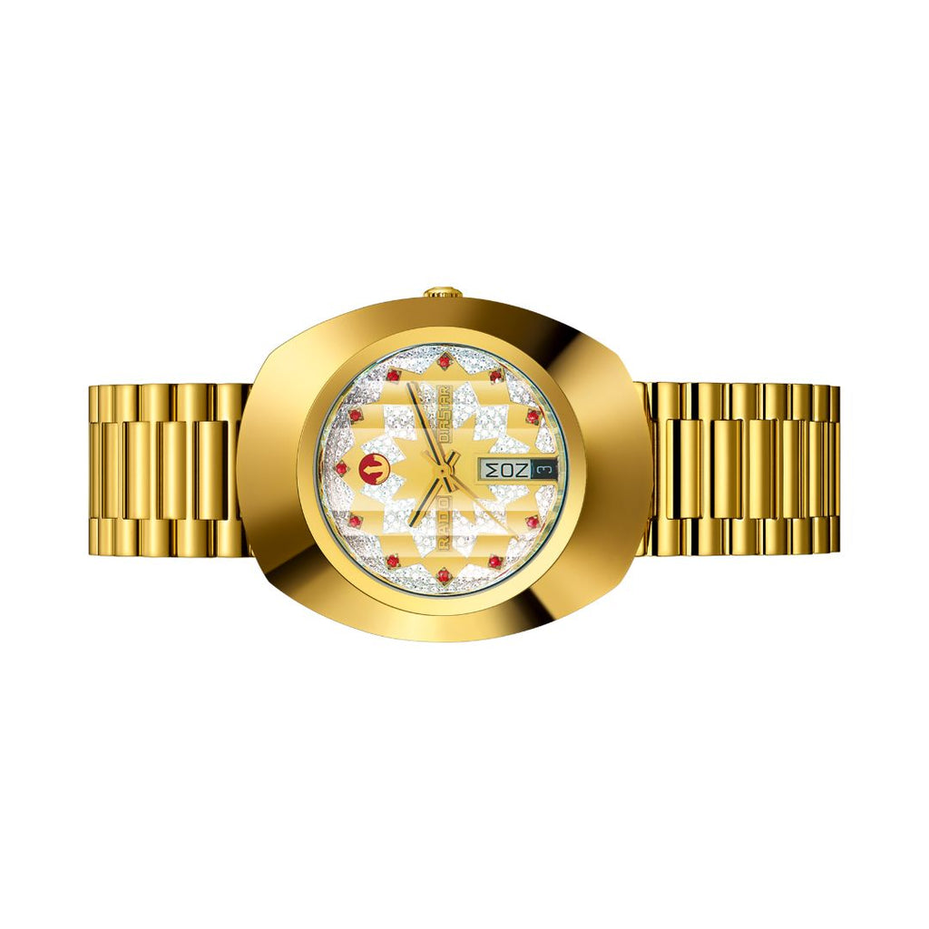 Front view of the Rado The Original Automatic R12413073 gold-tone oval case, textured champagne dial and gold link bracelet
