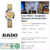 A gold-tone Rado Watches The Original R12307304 women’s watch with a textured dial, positioned next to a Google business listing for a Miami store featuring watch displays and store information.