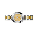 Rado Watches The Original R12307304 analog wristwatch featuring a gold striped dial, diamond hour markers, a date window, and a two-tone silver and gold metal link bracelet.