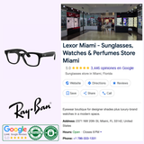 Collage featuring Ray-Ban Meta Sunglasses (Ray-Ban Meta Wayfarer 0RW4012 601/1M53), Lexor Miami store information with Google reviews, Ray-Ban and authenticity logos, a contact number, visible store interior and address, plus highlights of AI-enhanced wearable technology.