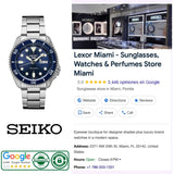 On the left is the Seiko Watches SRPD51 Automatic 5 Sports Stainless Steel Bracelet 42.5mm; on the right, you see Lexor Miamis’ Google profile with address, hours, phone number, and store photo. The Seiko 5 Sports logo, Google reviews, and an Authentic badge are displayed at the bottom.