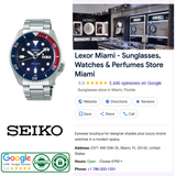 A Seiko Watches 5 Sports SRPD53 automatic dive watch from Seiko Watches displayed at the Lexor Miami storefront, accompanied by store information such as address, hours, phone number, and highlighted with 5-star Google ratings plus green Google Guarantee and Authentic badges.