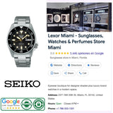 A Seiko Watches 5 Sports SKX series SRPL79 automatic dive watch appears prominently next to the Seiko Watches logo, a Google rating, and an Authentic badge—all displayed alongside a screenshot of Lexor Miami’s Google business listing for sunglasses and watches.