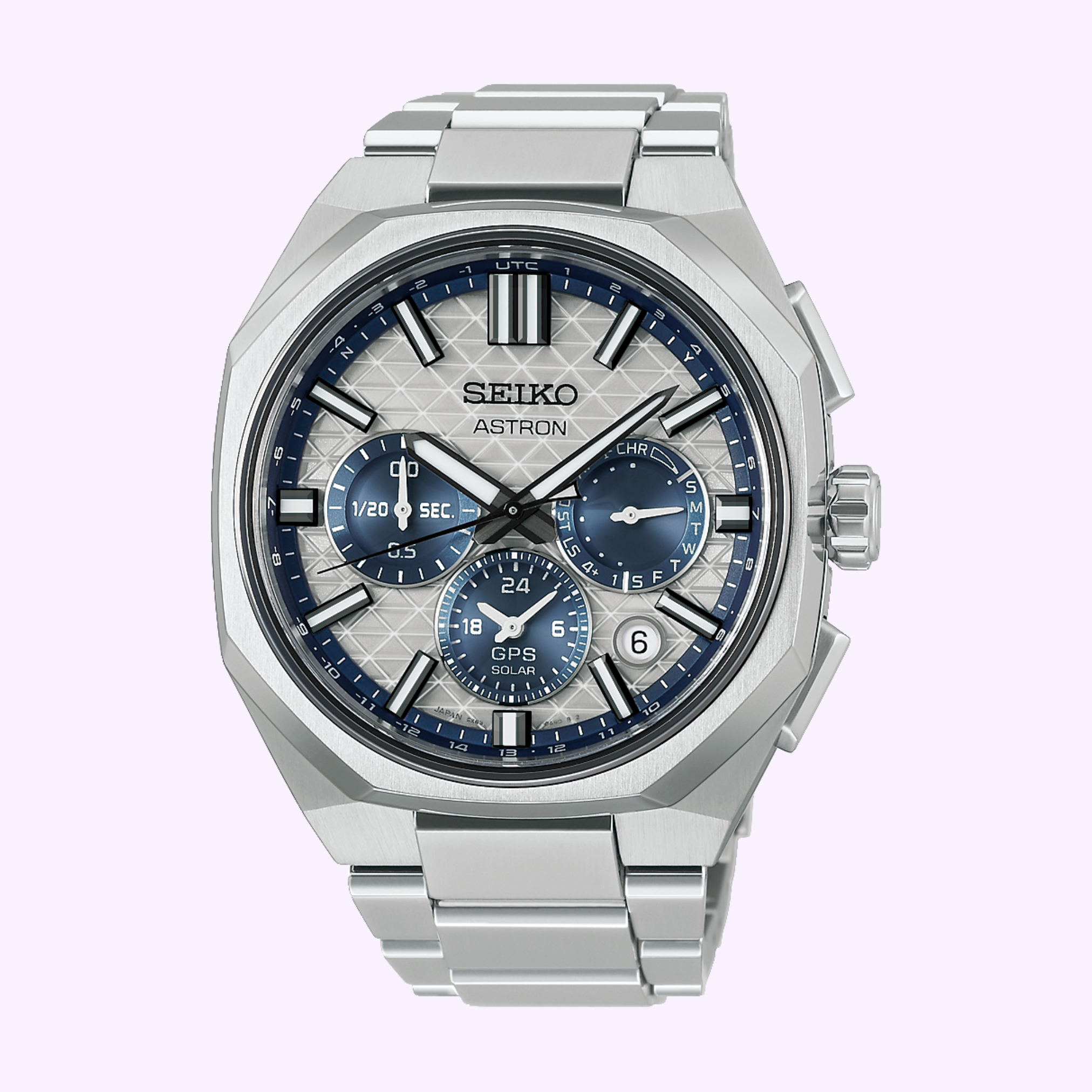 Seiko Astron HAB004 GPS Solar watch front view with light silver dial and blue sub-dials, sold at Lexor Miami