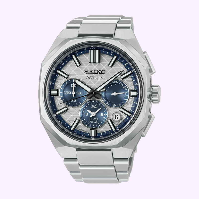 Seiko Astron HAB004 GPS Solar watch front view with light silver dial and blue sub-dials
