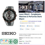 A Seiko Luxe Watches King Watches Astron SSH183 Limited Edition is displayed alongside a Google listing for Lexor Miami, a sunglasses and perfume store, with visible store details, hours, contact information, and ratings.