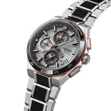 Seiko Luxe Watches presents the Seiko King Watches Astron SSH183 Limited Edition—a silver chronograph wristwatch with a black and silver metal band, orange accents, three subdials, and a textured silver face displaying date, GPS, and multiple time zones. This innovative GPS Solar timepiece seamlessly merges advanced technology with timeless style.