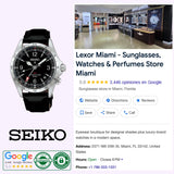 The Seiko Watches Prospex Alpinist GMT SPB379 by Seiko Luxe Watches is displayed next to a Google business listing for Lexor Miami, a sunglasses and watch store. The listing showcases store photos, reviews, contact information, and operating hours. The automatic GMT timepiece appears prominently alongside the Seiko Luxe Watches and Google review logos at the bottom.