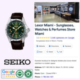 A Seiko Luxe Watches Prospex Alpinist HBC007 with a green face and leather band is displayed next to a Google listing for Lexor Miami—a retailer offering sunglasses, watches, and perfumes—with the store’s ratings, reviews, and contact information visible.