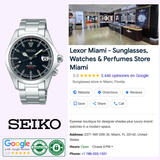 A Seiko Luxe Watches Prospex Alpinist SS Automatic Black Dial SPB117 Men’s wristwatch rests beside a Google listing for Lexor Miami, a destination for sunglasses and watches. The listing displays store details, reviews, contact information, and an interior photo—making it the ideal place to find your next men’s luxury timepiece from Seiko Luxe Watches.