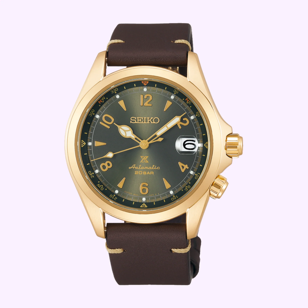 Seiko Prospex Land SPB210 Gold Alpinist with green dial and brown leather strap, front view