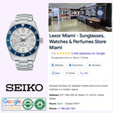 A Seiko Luxe Watches Prospex Sea HBC005 Limited Edition dive watch in silver is pictured beside a Google listing for Lexor Miami, a store featuring sunglasses, watches, and perfumes, with its ratings and details visible. This exclusive diver’s watch marks the Seiko 145th anniversary, combining exceptional style with rich heritage.