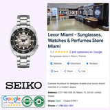 On the left is a Seiko Luxe Watches PROSPEX BUILT FOR THE ICE DIVER U.S. SPECIAL EDITION SPB261 automatic dive watch, while on the right is a Google business listing for Lexor Miami—a store offering sunglasses, watches, and perfumes—with details such as store information, reviews, and contact options displayed.