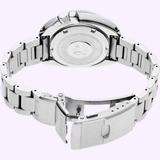 A Seiko Luxe Watches PROSPEX BUILT FOR THE ICE DIVER U.S. SPECIAL EDITION SPB263 is displayed from the back, with its metal bracelet opened and clasp extended to reveal the stainless steel case back and engraved details. This automatic dive watch by Seiko Luxe Watches stands out as a U.S. Special Edition, emphasizing its exclusive craftsmanship.