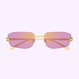 Cartier Sunglasses CT0474S-006 56 from Cartier Sunglasses feature gold-rimmed, rimless frames with gradient pink to orange lenses and decorative jeweled hinges, set against a light purple background—an embodiment of luxury eyewear.