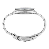 Side view of a silver-tone Seiko Luxe Watches Prospex U.S. Special Edition SPB421 dive watch featuring a circular metal case and a link bracelet.