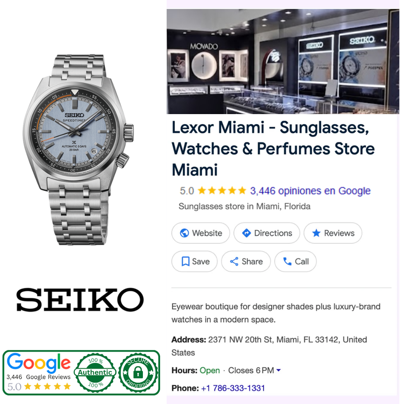 Seiko Prospex Speedtimer HBC003 light blue dial watch shown next to the Lexor Miami Google business profile with five-star rating