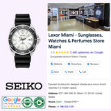 A Seiko Watches Prospex Automatic Diver SRPE37 wristwatch sits next to a Google listing for Lexor Miami, a store selling sunglasses, perfumes, and watches. The listing displays the store’s location, contact information, reviews, and a photo of the store interior—emphasizing the appeal of owning a dependable automatic dive watch from Seiko Watches.