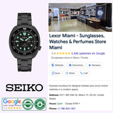 A Seiko Luxe Watches The Black Series Prospex Sea SRPK43 wristwatch, exemplifying outstanding Japanese watchmaking expertise, is featured beside a Google listing for Lexor Miami—a retailer of sunglasses, watches, and perfumes—with a 5-star rating and contact information.