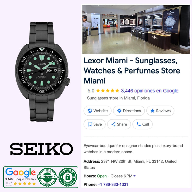Seiko Prospex SRPK43 Black Series automatic dive watch shown with Lexor Miami authorized dealer listing