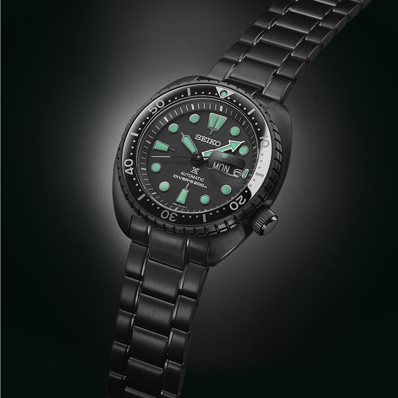 Seiko Prospex SRPK43 Black Series dive watch with sapphire crystal and green LumiBrite Pro lume on the hands and indexes